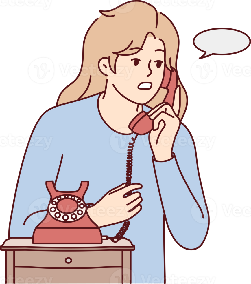 Young woman talk on landline phone png