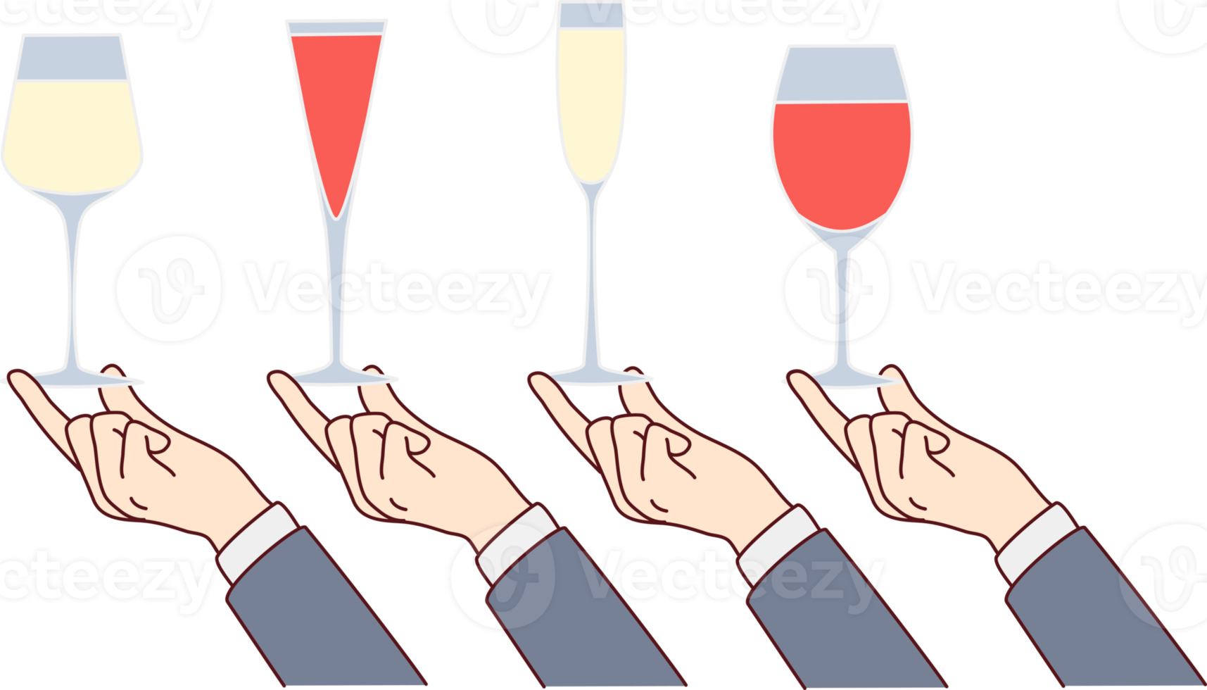 Hands holding diverse glasses with drinks png