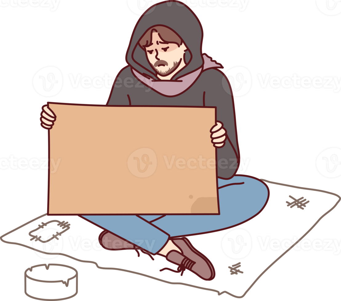 Poor man with poster begging on street 21248625 PNG