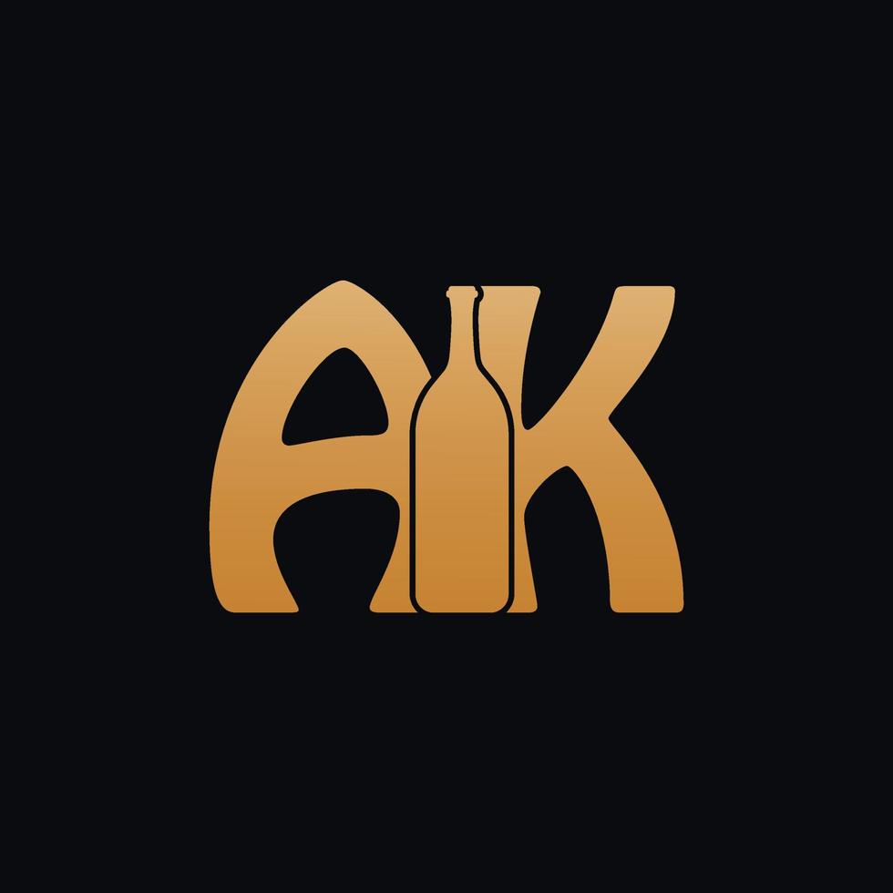 Letter AK Logo With Wine Bottle Design Vector Illustration On Black Background. Wine Glass Letter AK Logo Design. Beautiful Logotype Design For Wine Company Branding.