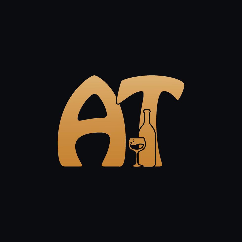 Letter AT Logo With Wine Bottle Design Vector Illustration On Black Background. Wine Glass Letter AT Logo Design. Beautiful Logotype Design For Wine Company Branding.