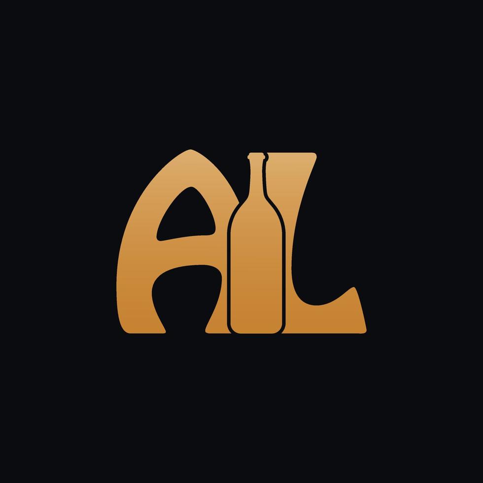 Letter AL Logo With Wine Bottle Design Vector Illustration On Black Background. Wine Glass Letter AL Logo Design. Beautiful Logotype Design For Wine Company Branding.
