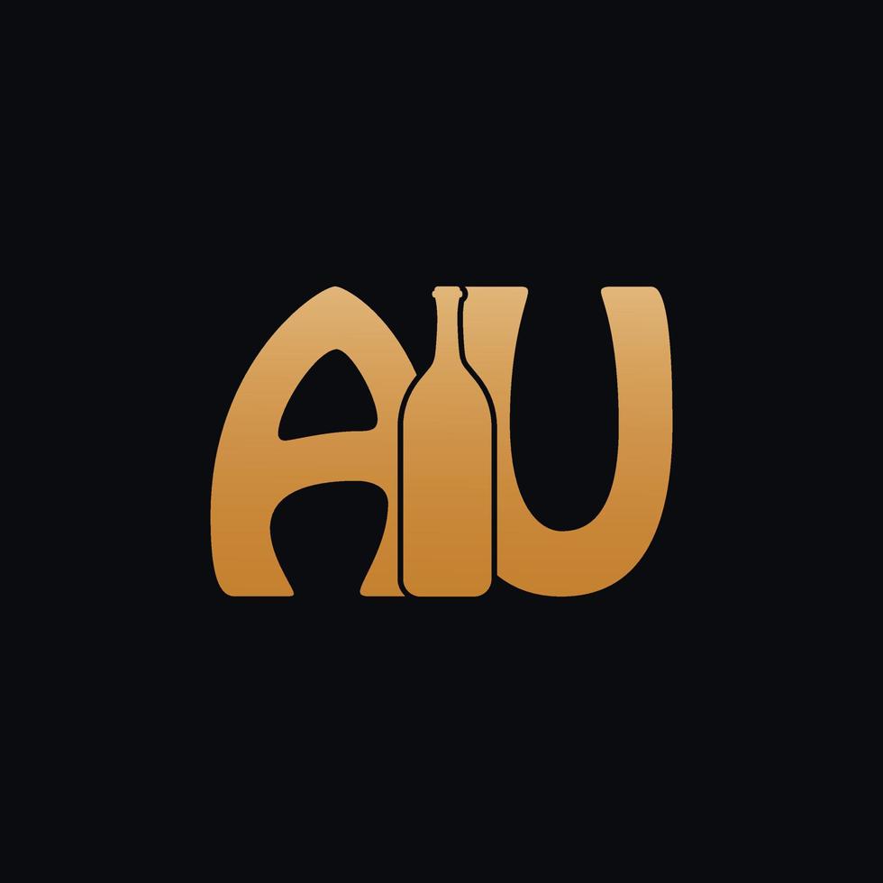 Letter AU Logo With Wine Bottle Design Vector Illustration On Black Background. Wine Glass Letter AU Logo Design. Beautiful Logotype Design For Wine Company Branding.