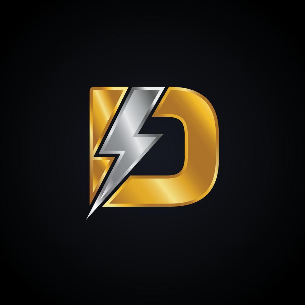 logotipo de letra d con diseño de vector de rayo trueno. Ilustración de vector de logotipo de letra d de perno eléctrico.