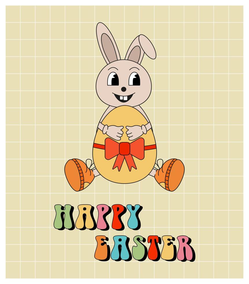 Groovy retro easter card with bunny, egg and bow vector