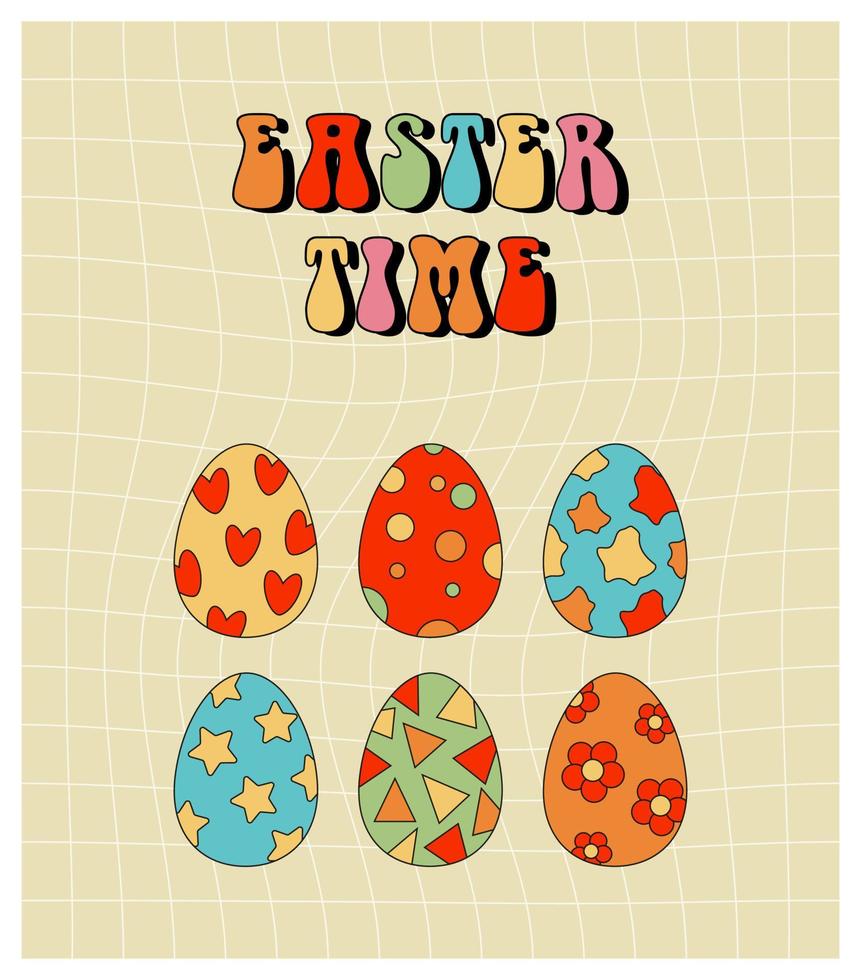 Easter card with eggs, groovy retro style vector