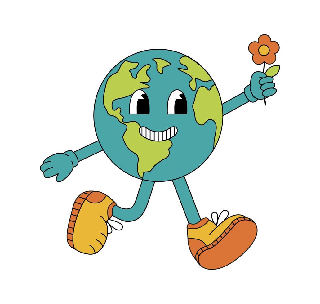 Planet Earth walking with flower in trendy groovy retro style vector