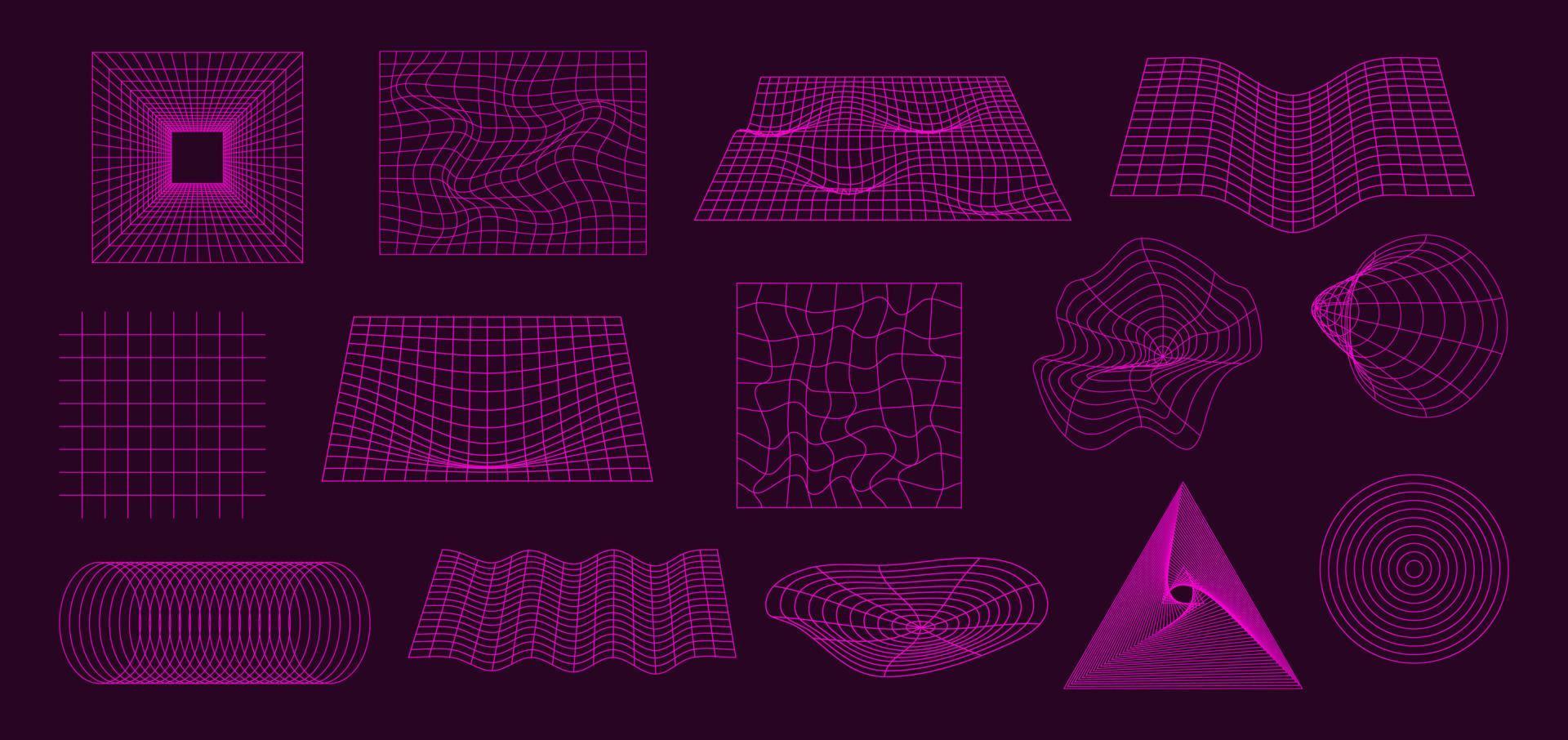 Set of futuristic cyberpunk retro elements in neon pink color. Vector 3d grids, shapes and different geometry elements
