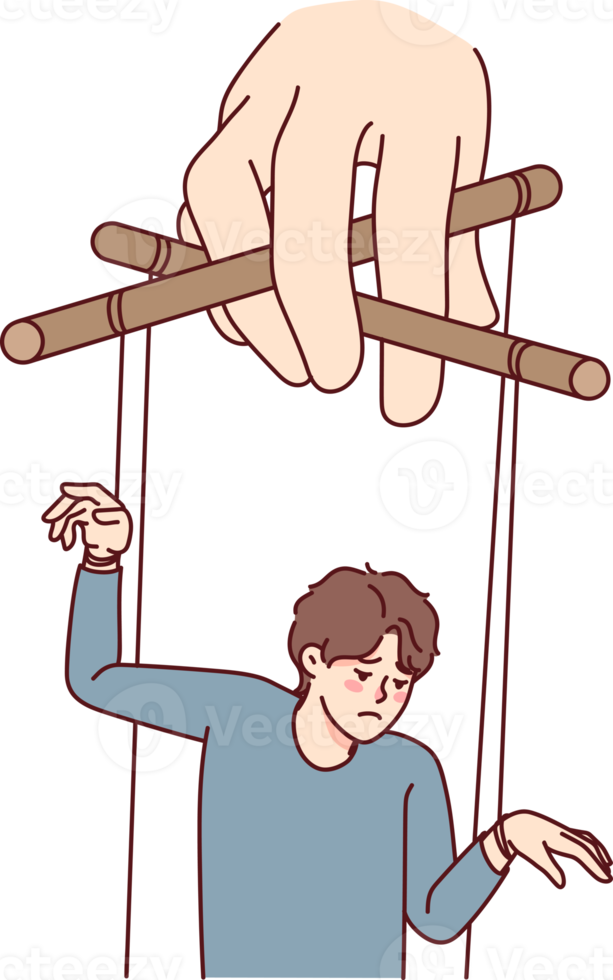 Puppeteer hand manipulating sad man png