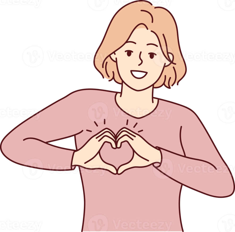 Smiling woman show heart hand gesture png