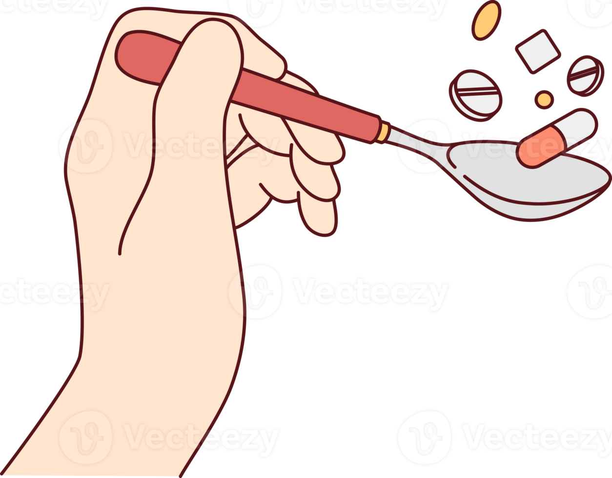Hand holding spoon of pills png
