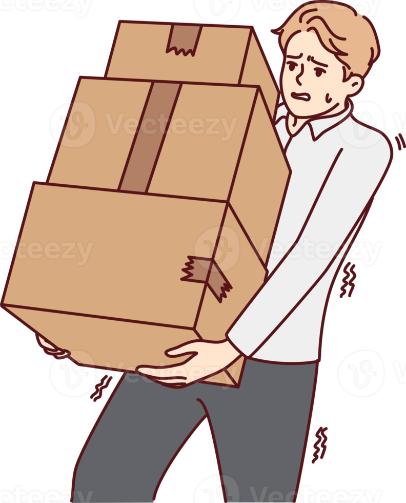 Exhausted man carry stack of boxes png