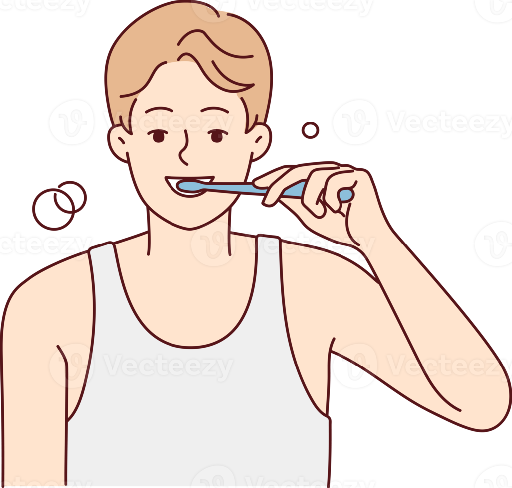 Smiling man brushing teeth in morning png