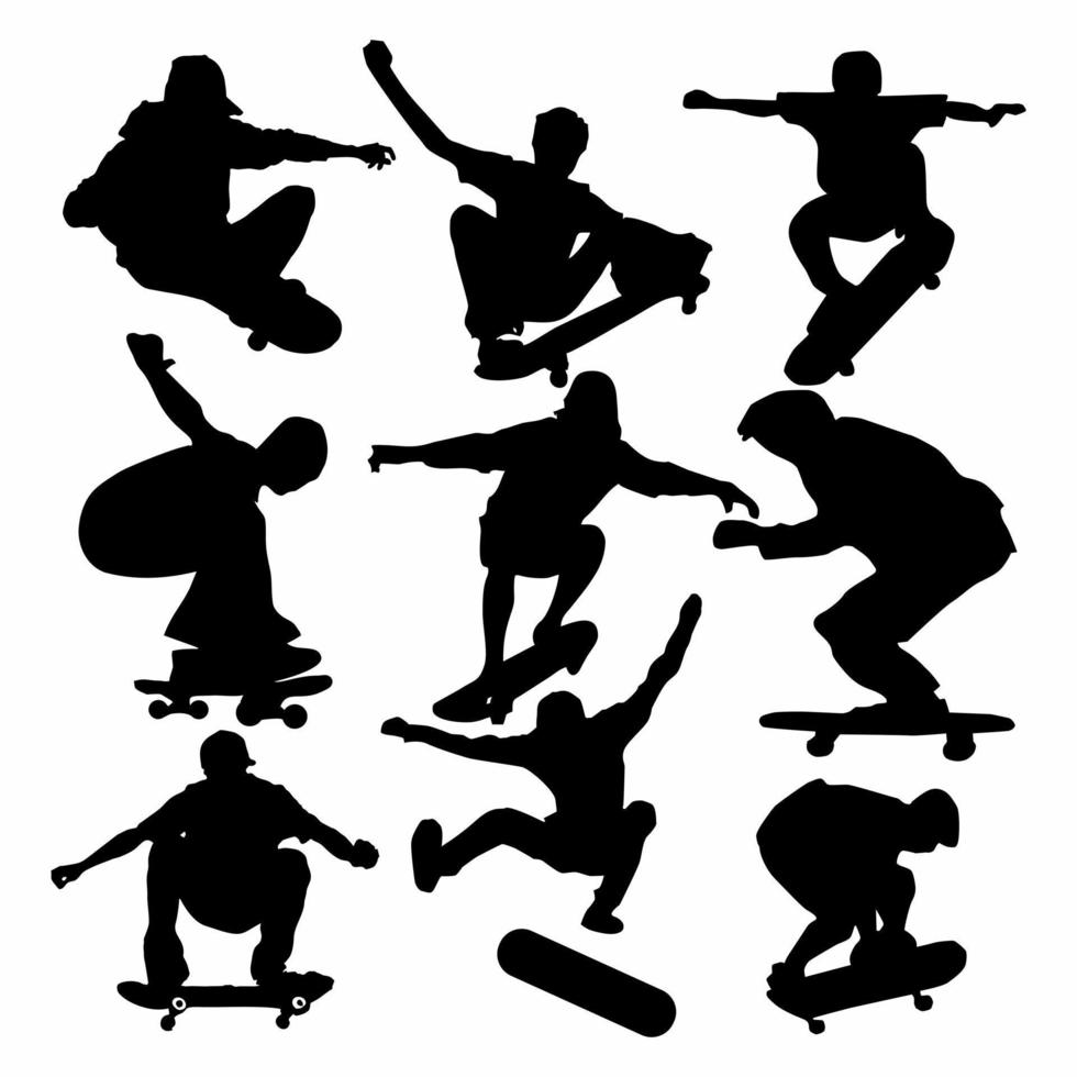 silueta de personas jugando patineta en blanco antecedentes vector