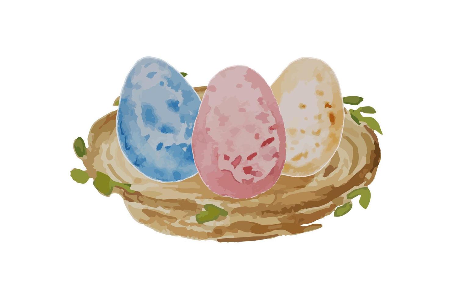 Watercolor nest with color eggs. Template for banner, poster, packaging, postcard, web design. vector