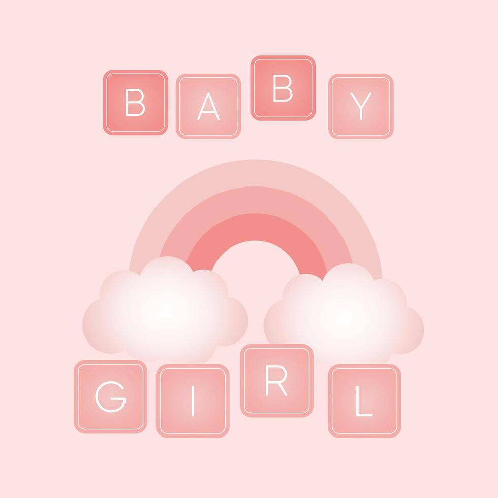 Baby shower banner with rainbow, clouds and text Baby Girl on pink background. It s a girl. vector