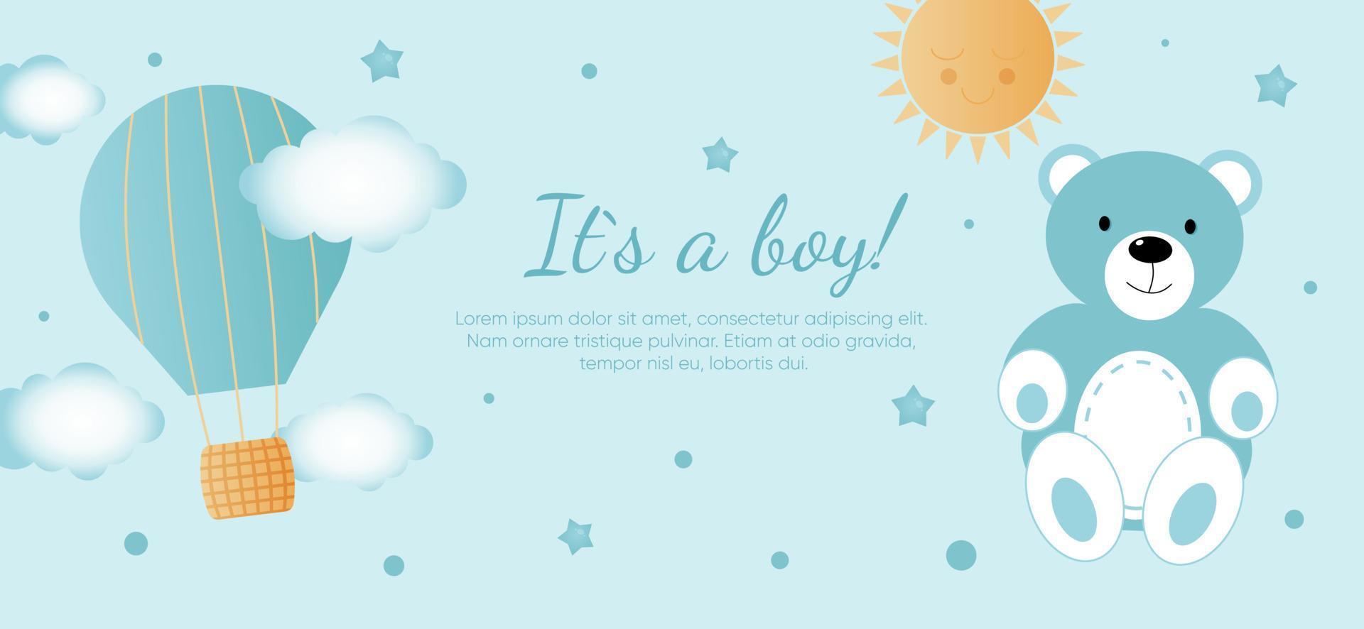 Baby shower horizontal banner with blue bear, clouds, stars, sun and balloon on blue background. It s a boy. vector