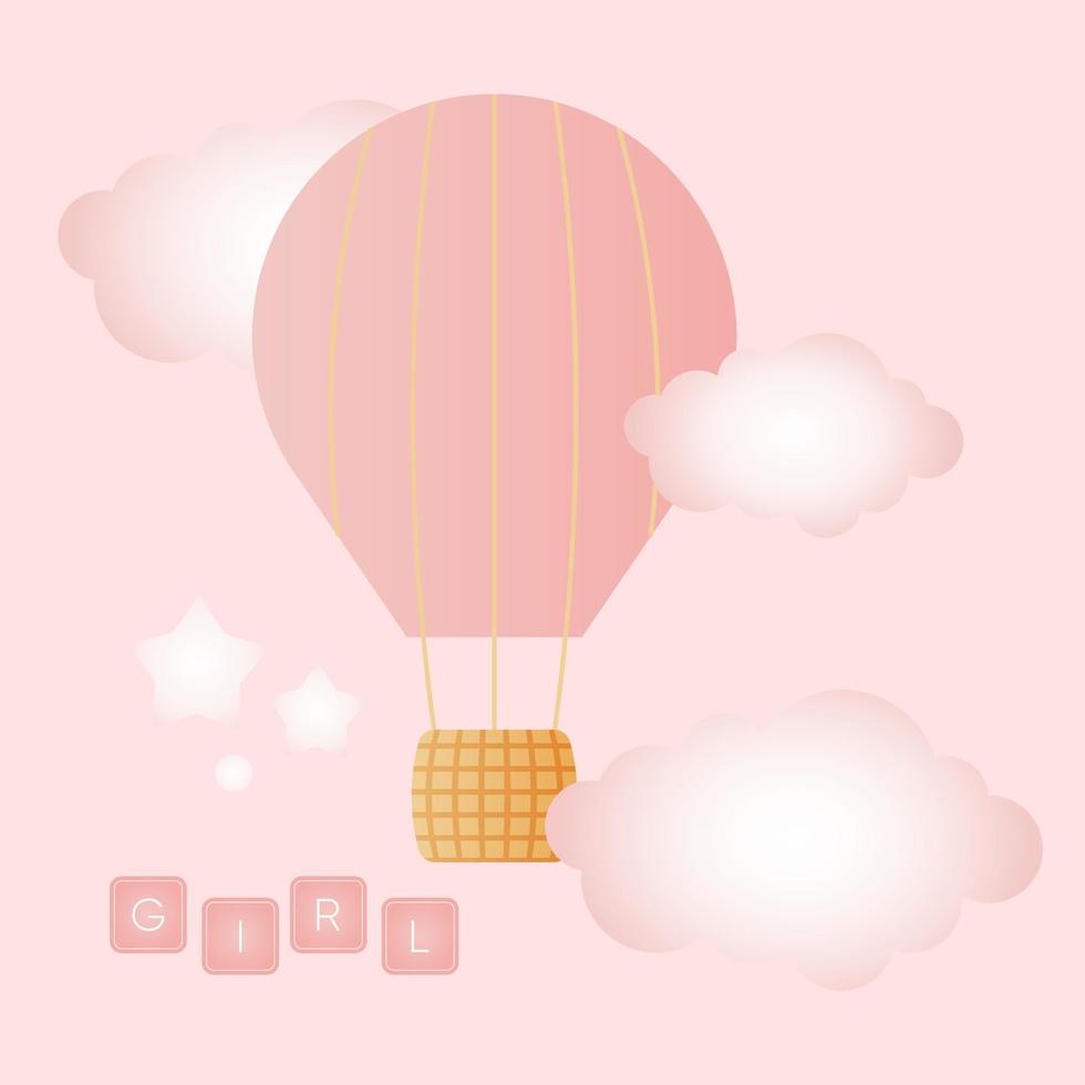 Baby shower banner with balloon, clouds and text Girl on pink background. It s a girl. vector