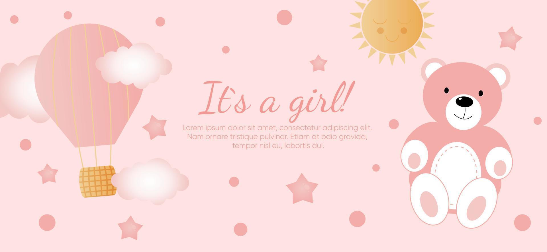Baby shower horizontal banner with pink bear, clouds, stars, sun and balloon on pink background. It s a girl. vector
