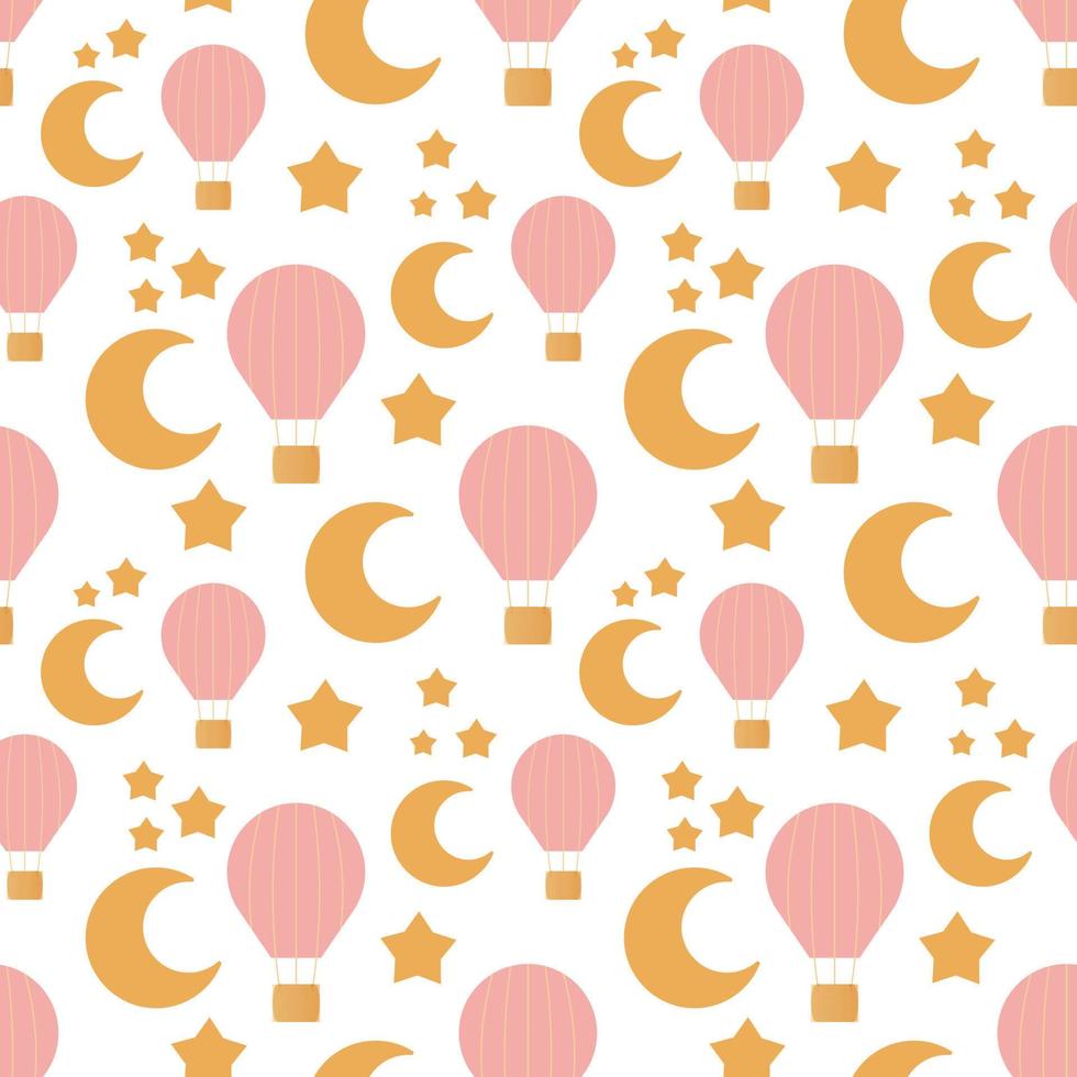 Baby shower seamless pattern with balloon, moon and stars on white background. It s a girl. vector