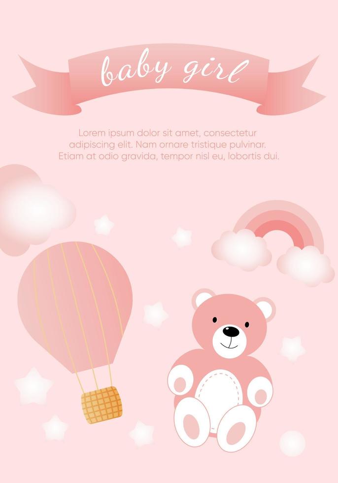 Baby shower banner with pink bear, clouds, stars, rainbow and balloon on pink background. It s a girl. vector