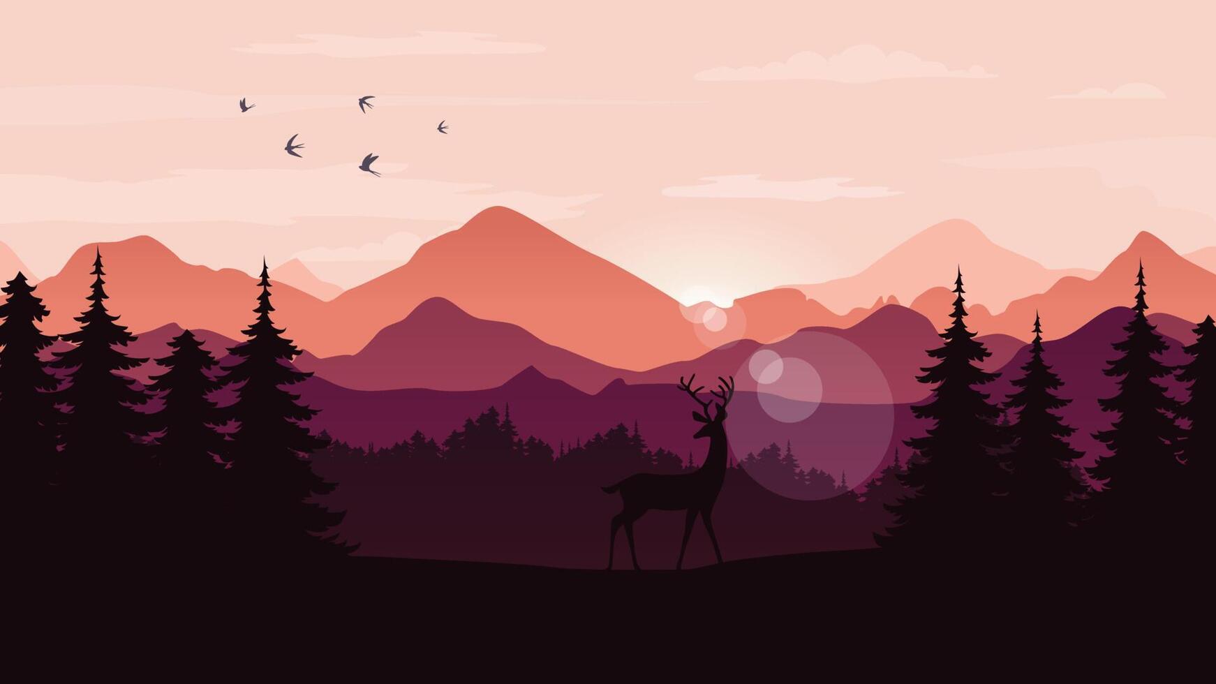 Vector landscape with silhouettes of mountains, trees and a deer with sunrise or sunset sky. Pine forest. Outdoor and nature concept. Vector illustration.