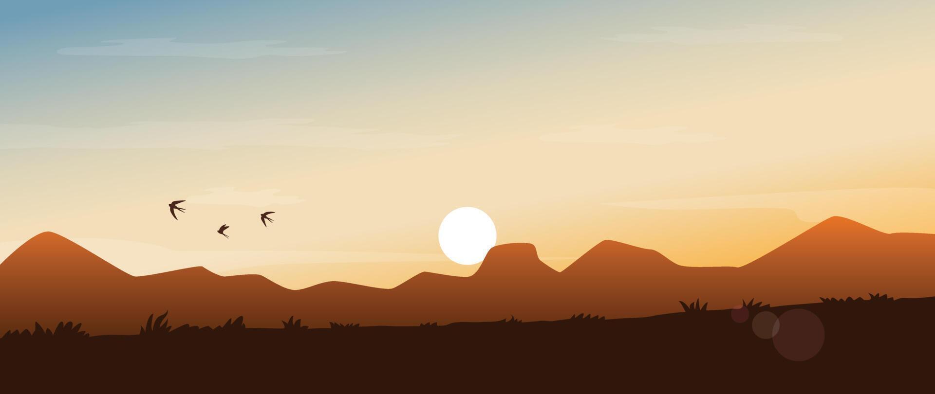 Beautiful mountain landscape. Sunset and sunrise in mountains. Outdoor and nature concept. Vector illustration.