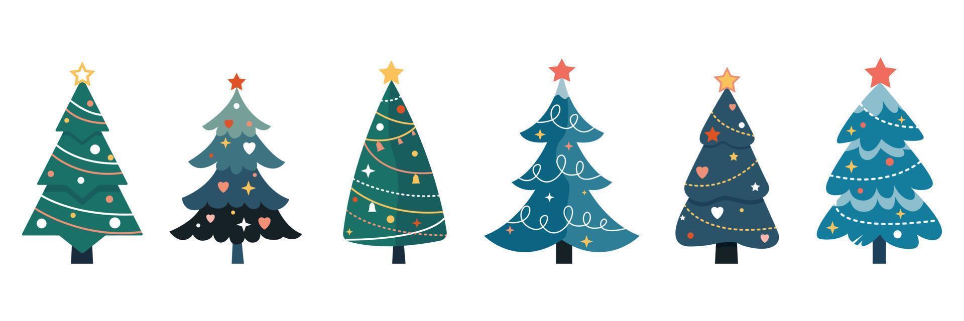 colección de Navidad arboles conjunto de dibujos animados pinos para saludo tarjeta, invitación, bandera, web. Navidad decorativo elementos son aislado en un blanco antecedentes. vector