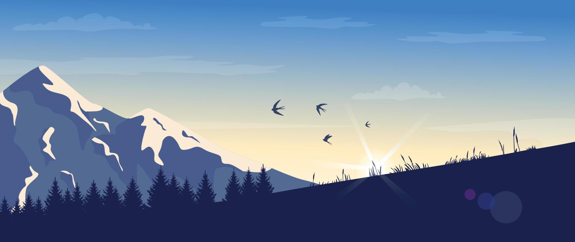 Beautiful mountain landscape.  Sunrise and sunset in mountains. Outdoor and nature concept. Vector illustration.
