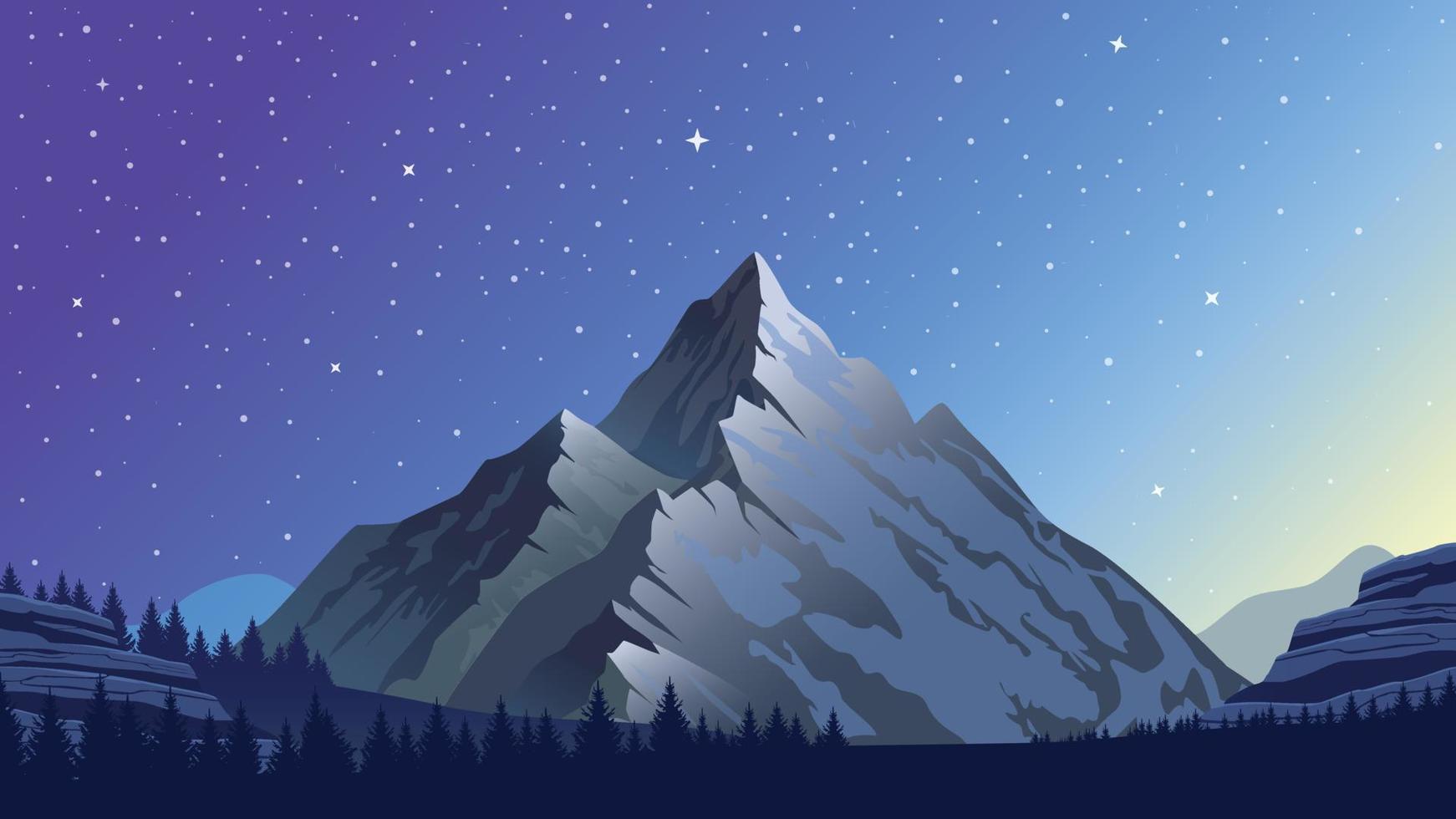 Panorama of Amazing nature. Beautiful view on a peak mountains.   Mountain, forest and Starry sky. Vector illustration.
