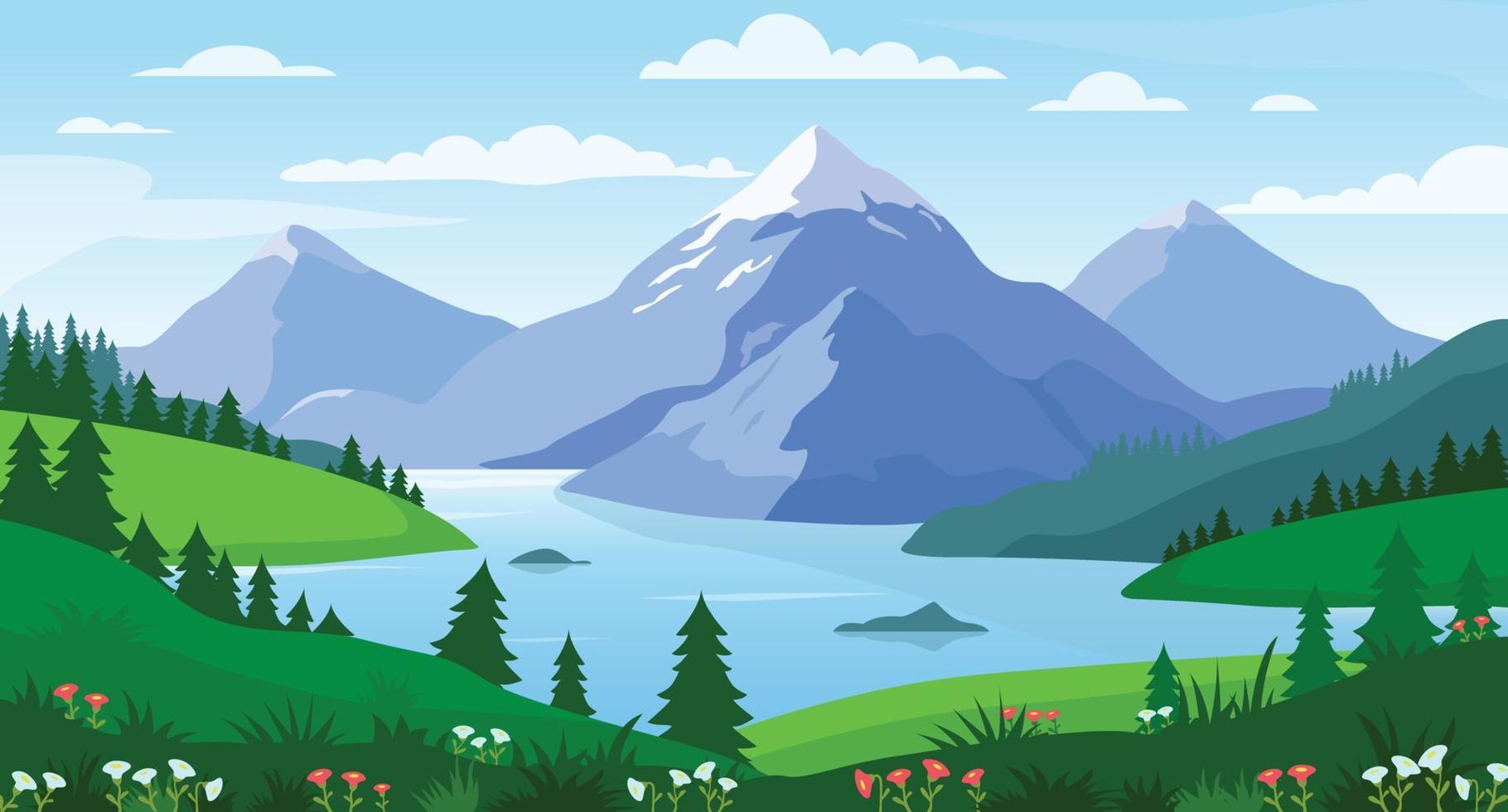 Mountain lake landscape vector illustration. Panorama of spring summer beautiful nature, meadow with flowers, forest, scenic blue lake and mountains on horizon background.