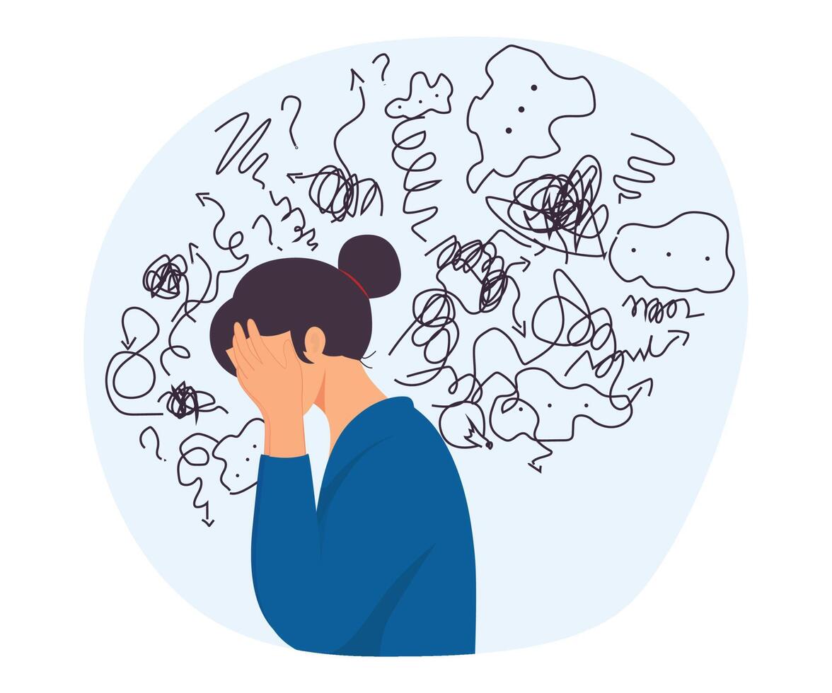 Woman with anxiety touch head surrounded by think. Mental disorder, confusion, finding answers concept. Vector Illustration.