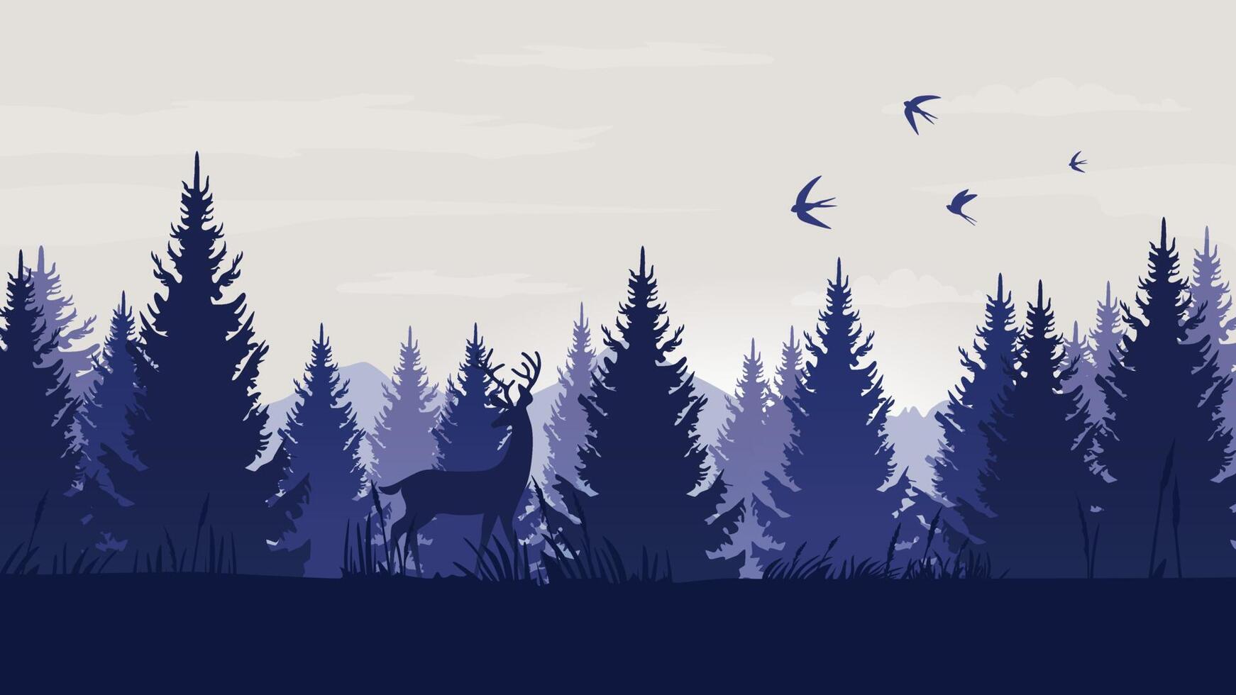 Forest landscape with blue and grees silhouettes of trees and wild animals. Pine forest. Outdoor and nature concept. Vector illustration.