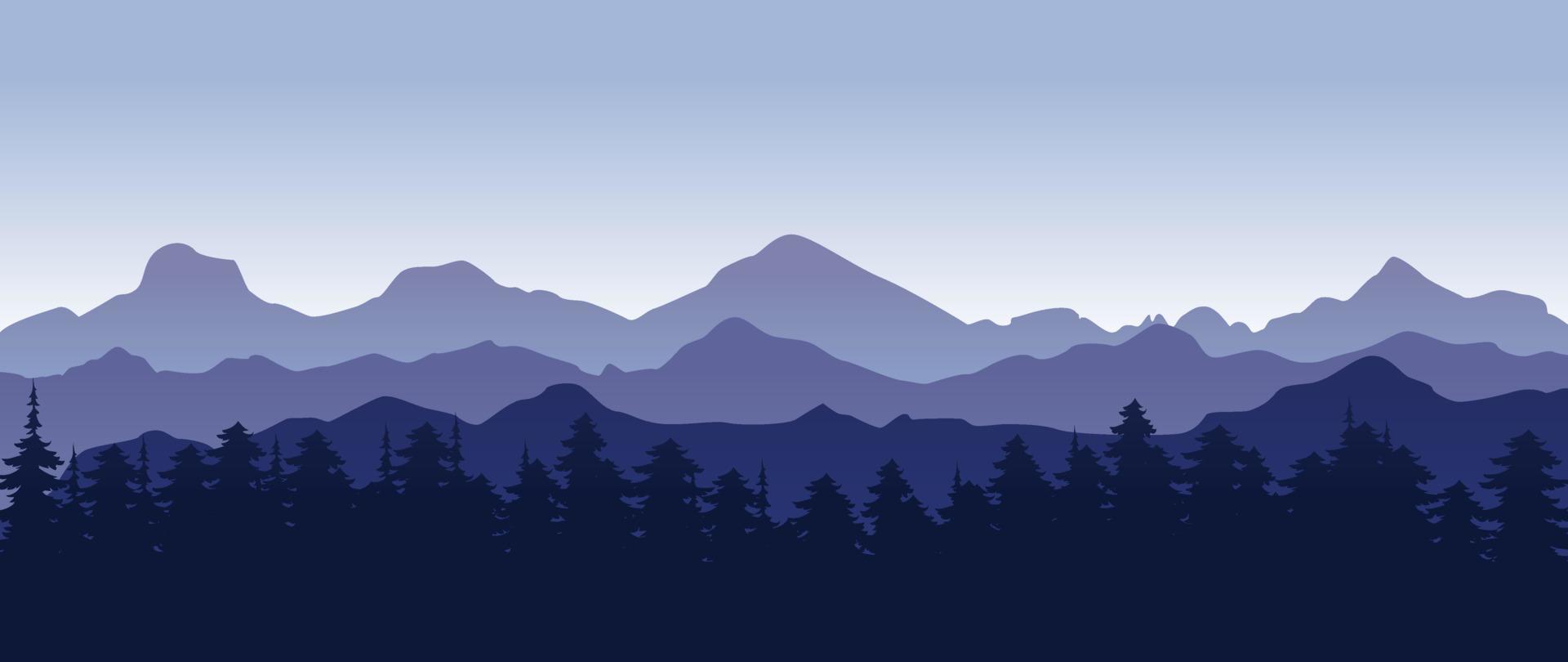 Beautiful dark blue mountain landscape with fog and forest. Pine forest. Sunrise and sunset in mountains.  Outdoor and nature concept. Vector illustration.