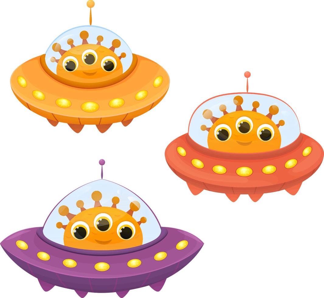 Cute smiling aliens characters fly on their space transport, 3 bright illustrations in cartoon style vector