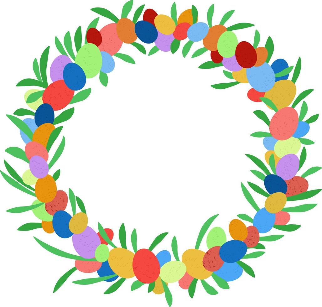 Easter decorative frame made of painted Easter eggs and decorative leaves, colorful Easter eggs vector