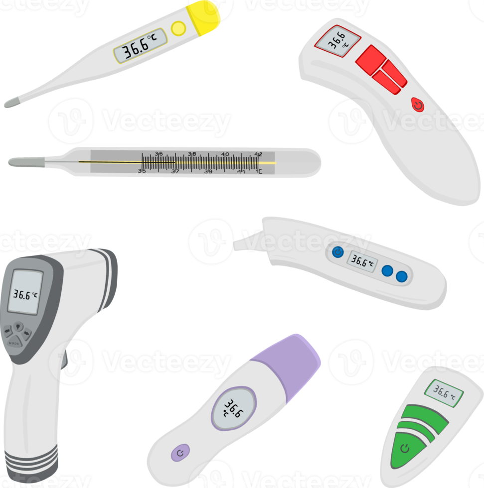 big set different types of thermometers for hospital png