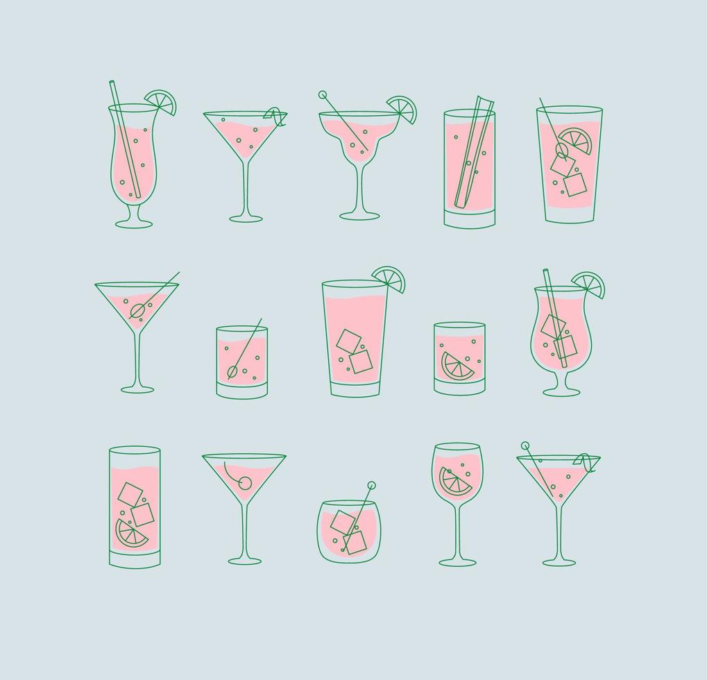 Alcohol drinks and cocktails icon set in flat line style on light blue background. vector