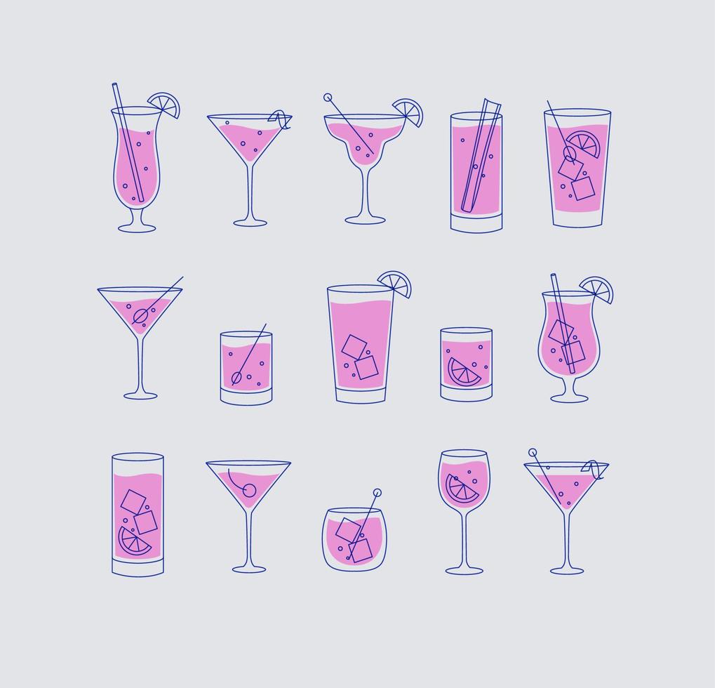Alcohol drinks and cocktails icon set in flat line style on grey background. vector