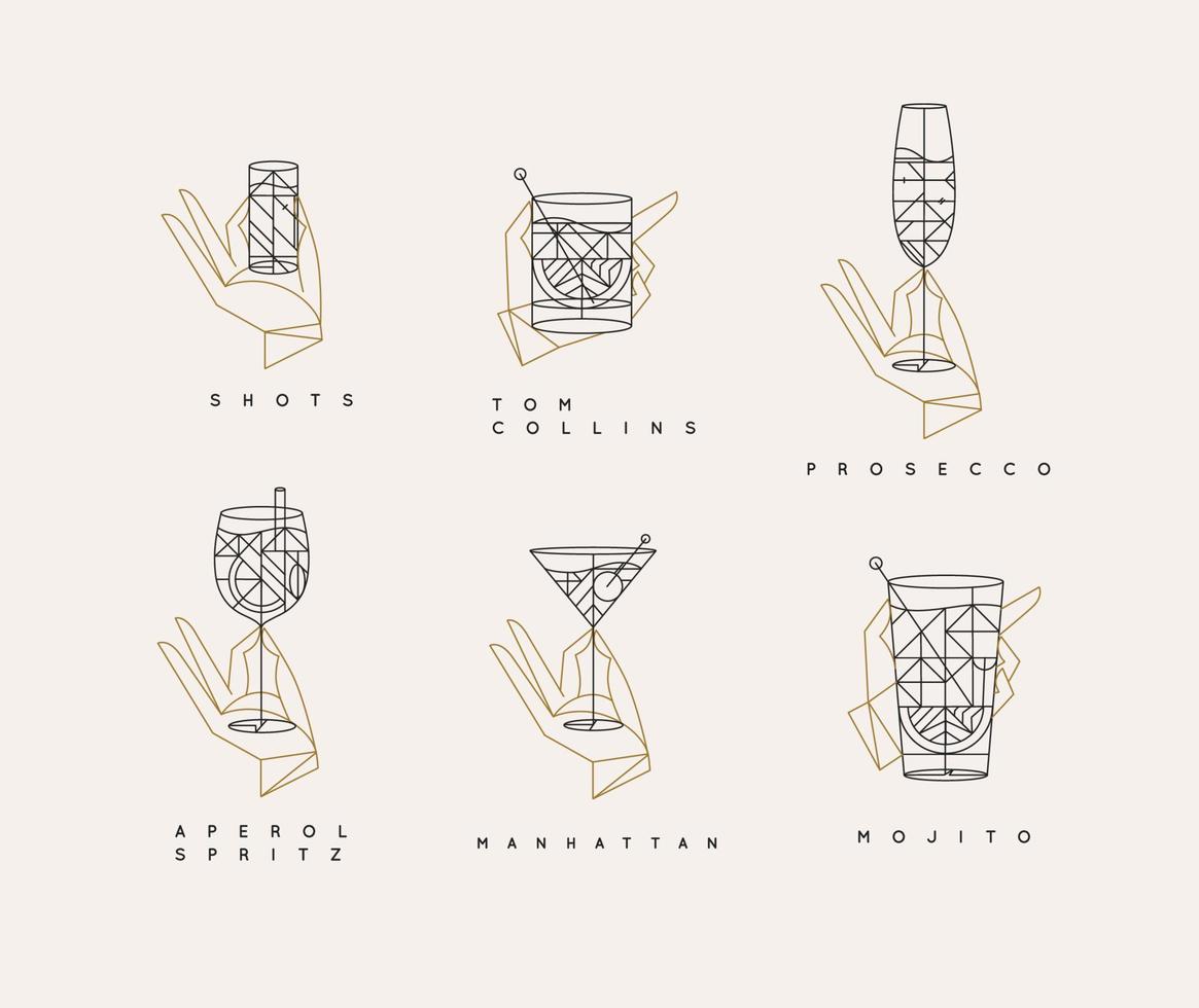 Set of hand holding drink glasses aperol spritz, shot, tom collins, manhattan, mojito, prosecco in art deco style. vector