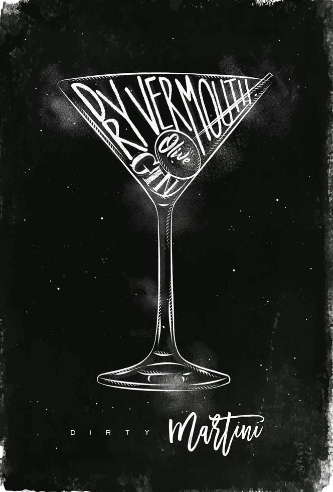 Dirty martini cocktail lettering dry vermouth, gin, olive in vintage graphic style drawing with chalk on chalkboard background vector