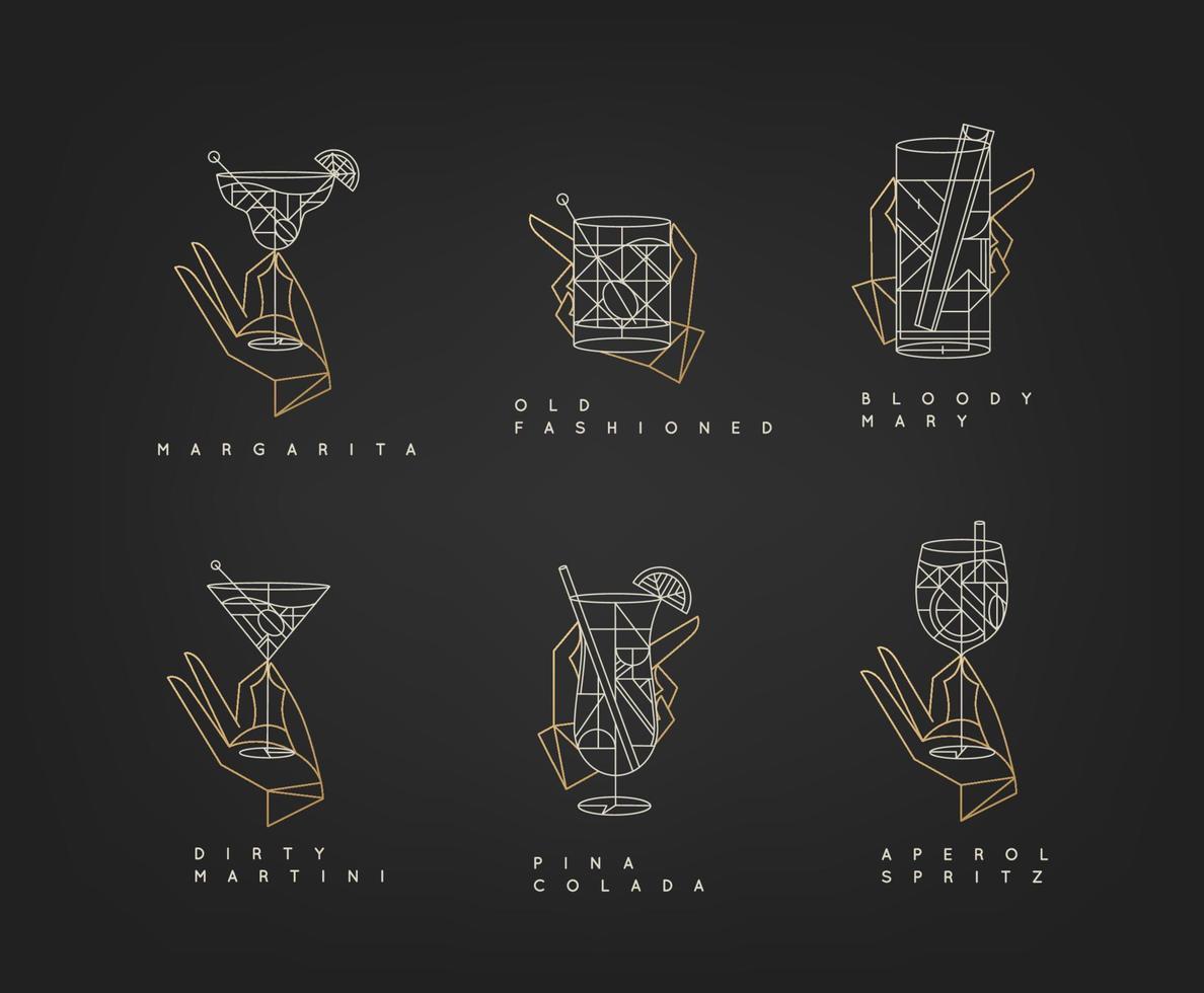 Set of hand holding drink glasses margarita, old fashioned, bloody mary, pina colada, aperol spritz, dirty martini in art deco style on black background. vector