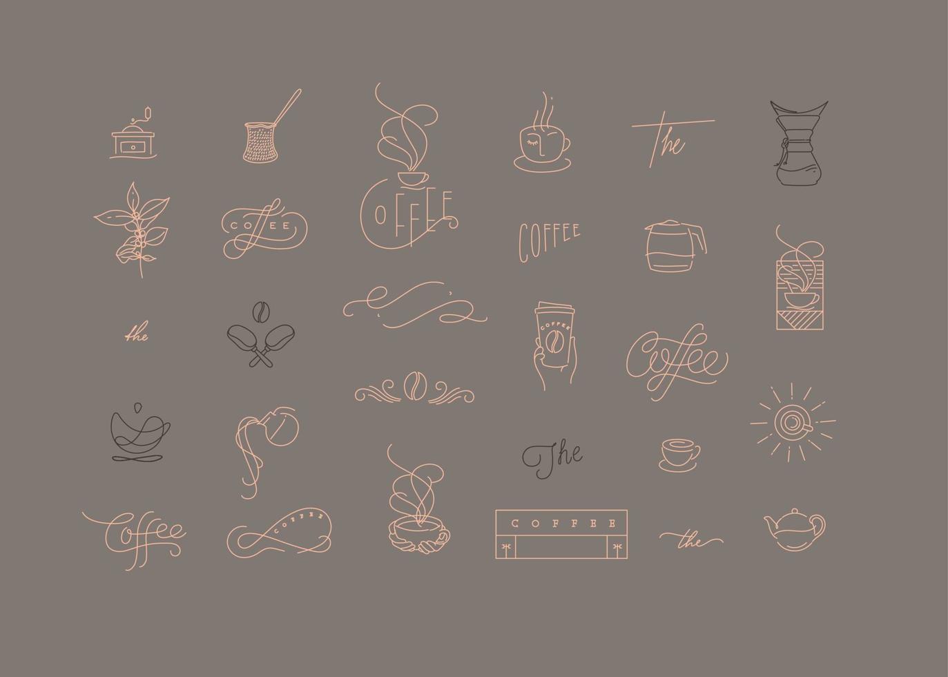 Set of minimalism modern coffee elements for your design drawing in flat line style on light brown background vector