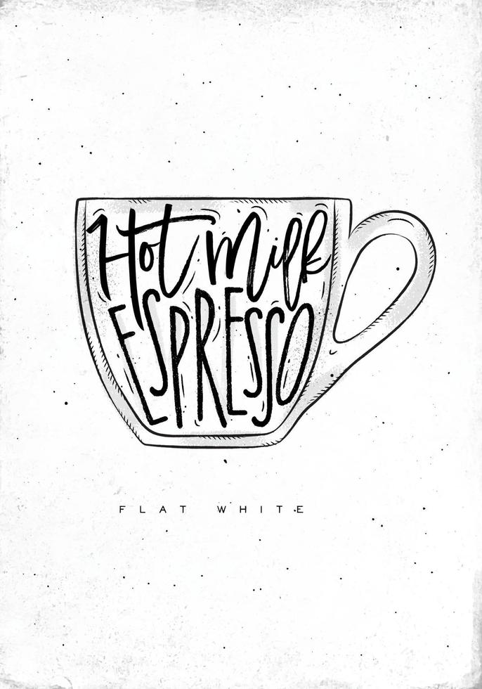 plano blanco letras caliente leche, Café exprés en Clásico gráfico estilo dibujo en sucio papel antecedentes vector