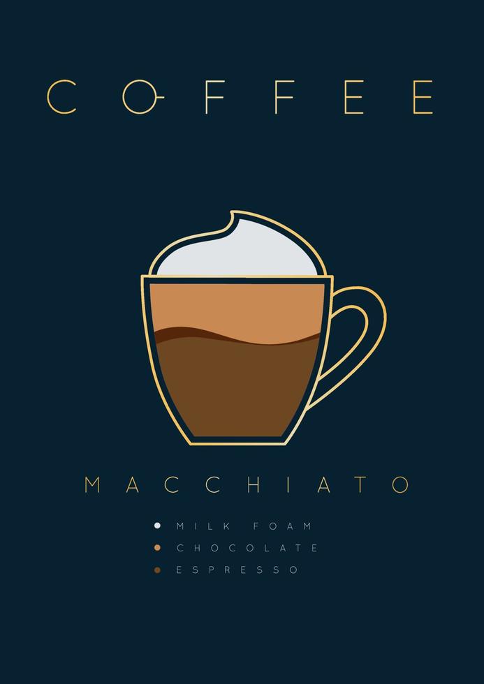 póster café macchiato con nombres de ingredientes dibujo en plano estilo en oscuro azul antecedentes vector