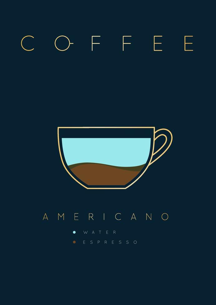 póster café americano con nombres de ingredientes dibujo en plano estilo en oscuro azul antecedentes vector