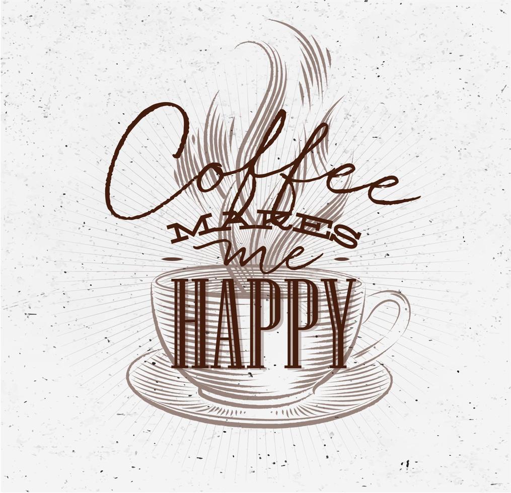 Poster coffee lettering coffee makes me happy in vintage style drawing with brown on dirty paper background vector