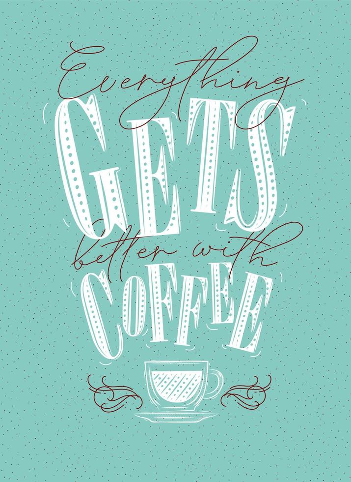 Poster lettering everything gets better with coffee drawing on turqoise background vector
