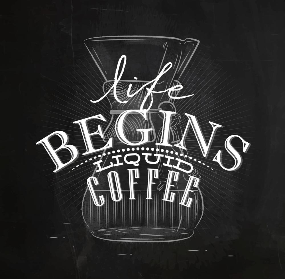 Poster coffee lettering life begins liquid coffee in vintage style drawing with chalk on the blackboard vector