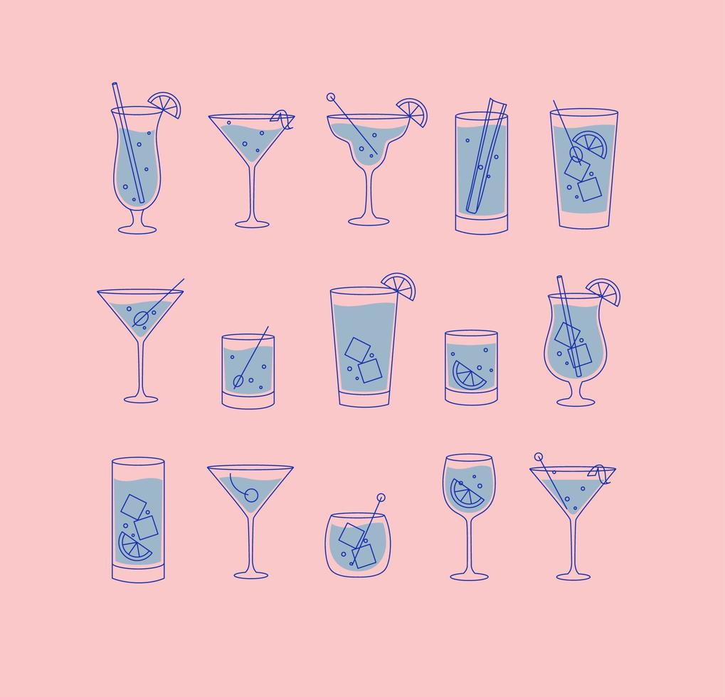 Alcohol drinks and cocktails icon set in flat line style on pink background. vector